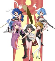 5girls :p alternate_costume animal_ears black_footwear black_hair black_leotard black_necktie black_pantyhose blue_hair blue_pantyhose blush bottle bow bowtie breasts chinese_zodiac cleavage closed_mouth clothing_cutout commentary_request cup dango detached_collar drinking_glass expressionless fishnet_pantyhose fishnets flat_chest floppy_ears food frown full_body green_footwear gun hand_on_own_hip harukawa_moe_(style) high_heels highres holding holding_food holding_gun holding_mallet holding_tray holding_weapon inaba_tewi keiki8296 kine leaning_forward leotard long_hair looking_at_viewer mallet medium_breasts multiple_girls necktie official_style one_eye_closed open_mouth pantyhose parody pink_pantyhose playboy_bunny purple_hair rabbit_ears rabbit_girl rabbit_tail raised_eyebrow red_bow red_bowtie red_eyes red_footwear reisen_(touhou_bougetsushou) reisen_udongein_inaba rifle ringo_(touhou) seiran_(touhou) shoes short_hair small_breasts smile standing stomach_cutout strapless strapless_leotard style_parody sweatdrop tail tongue tongue_out touhou tray very_long_hair wagashi walking weapon white_pantyhose wine_bottle wine_glass wrist_cuffs year_of_the_rabbit