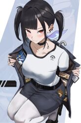 1girl asymmetrical_bangs black_choker black_hair blue_skirt blush breasts choker closed_mouth collarbone earrings goddess_of_victory:_nikke highres jacket jewelry large_breasts long_hair long_sleeves looking_at_viewer noirnib open_clothes pantyhose pencil_skirt red_eyes shirt skirt smile solo sora_(nikke) twintails white_pantyhose white_shirt