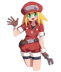 1girl belt bike_shorts bike_shorts_under_shorts blonde_hair breast_pocket brown_gloves commentary cowboy_shot cropped_legs gloves green_eyes hat highres long_hair looking_at_viewer mega_man_(series) mega_man_legends_(series) newsboy_cap open_mouth pocket red_hat red_shorts roll_caskett_(mega_man) short_sleeves shorts simple_background solo white_background yachima_tana