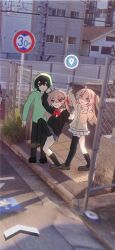 Rule 34 | 1boy, 2girls, :d, ahoge, asymmetrical legwear, black cardigan, black eyes, black hair, black socks, black thighhighs, blue eyes, brown footwear, cardigan, chain-link fence, double middle finger, double w, evil neuro-sama, fence, google maps, google street view, green hoodie, green jacket, grey skirt, grin, high school girls posing for google street view (meme), highres, hood, hood up, hoodie, indie virtual youtuber, jacket, light brown hair, long sleeves, looking at viewer, meme, middle finger, multiple girls, neuro-sama, one side up, open mouth, outdoors, photo background, pinkpink939, raised curb, red eyes, road sign, school uniform, sidewalk, sign, skirt, smile, socks, standing, standing on one leg, tactile paving, thighhighs, uneven legwear, v, vedal987, virtual youtuber, w