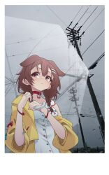 1girl animal_collar animal_ears bone_hair_ornament border braid breasts brown_eyes brown_hair cartoon_bone closed_mouth collar commentary dog_ears dog_girl dress hair_between_eyes hair_ornament highres holding holding_umbrella hololive inugami_korone inugami_korone_(1st_costume) jacket long_hair looking_to_the_side low_twin_braids medium_breasts nakiusagi off_shoulder open_clothes open_jacket outdoors overcast photo_background power_lines red_collar sky solo symbol-only_commentary transparent transparent_umbrella twin_braids umbrella umbrella_over_shoulder upper_body utility_pole virtual_youtuber water_drop white_border white_dress yellow_jacket