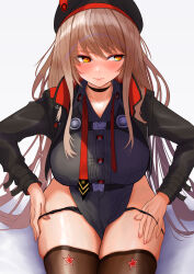 1girl absurdres beret black_choker black_headwear black_jacket black_panties black_shirt black_thighhighs blush breasts choker collared_shirt cropped_jacket embarrassed goddess_of_victory:_nikke hair_between_eyes hat highres jacket large_breasts light_brown_hair lips long_hair looking_to_the_side necktie orange_eyes panties panty_pull ramuneogura rapi_(nikke) red_jacket red_necktie shirt sitting solo thighhighs two-sided_fabric two-sided_jacket underwear undone_necktie