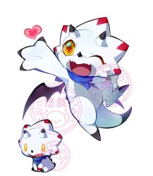 Rule 34 | bandana, bandana around neck, black wings, chibi, digimon, digimon (creature), digimon ghost game, dinosaur, full body, gammamon, heart, horns, one eye closed, red bandana, simple background, solo, watermark, white background, wings, yellow eyes, youzaiyouzai112