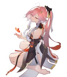 1girl absurdres bare_shoulders barefoot black_bow black_collar black_panties black_sleeves blush bow braid breasts changli_(wuthering_waves) closed_mouth collar commentary detached_sleeves dress feet from_side hair_between_eyes hair_bow hair_extensions hair_ornament hand_up highres large_breasts long_hair looking_at_viewer looking_to_the_side multicolored_hair orange_eyes panties panty_peek pink_hair qiangwei796 ring_hair_extensions short_sleeves simple_background sitting soles solo thighs toes twin_braids two-tone_hair underwear wariza white_background white_dress white_hair wuthering_waves