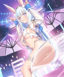 Rule 34 | 1girl, against glass, animal ears, armpits, ass, ass on glass, ass press, beach chair, beach umbrella, bikini, blue eyes, blue hair, blue nails, blue sleeve cuffs, blush, breasts, building, commentary, covered erect nipples, deck chair, evertale, folding chair, front-tie bikini top, front-tie top, glass table, gold tiara, hair ornament, hands up, highleg, highleg bikini, kaguya (evertale), kneepits, large breasts, linea alba, long hair, looking at viewer, micro bikini, multicolored hair, navel, night, night sky, official alternate costume, pink pupils, plant, pom pom (clothes), pom pom hair ornament, popqn, pussy on glass, rabbit ears, rabbit girl, see-through clothes, see-through shrug, see-through sleeves, shiny skin, sidelocks, sitting, sky, smile, solo, star (sky), star (symbol), starry sky, swimsuit, table, teeth, thigh strap, tiara, tree, two-tone hair, umbrella, underboob, very long hair, white bikini, white hair