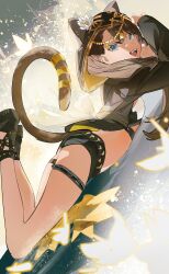 1girl :d absurdres animal_ears aonogura arknights ass black_jacket black_sandals black_shorts blue_eyes brown_hair cat_ears cat_girl cat_tail commentary dutch_angle fake_animal_ears flower from_side hair_between_eyes highres jacket legs_up long_sleeves looking_at_viewer looking_to_the_side lying on_stomach open_mouth pepe_(arknights) puffy_long_sleeves puffy_sleeves sandals short_shorts shorts smile solo tail veil white_flower