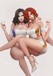 2girls alternate_costume artist_name black_choker black_hair breasts choker cleavage commentary crop_top cup drinking_glass english_commentary high_heels holding holding_cup jewelry large_breasts leirix looking_at_viewer microskirt midriff multiple_girls necklace red_hair red_wine shirt simple_background skirt the_witcher_(series) the_witcher_3 triss_merigold white_background white_footwear white_shirt white_skirt wine wine_glass yennefer_of_vengerberg