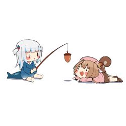 2girls acorn animal_ears ayunda_risu ayunda_risu_(1st_costume) barefoot beret blue_hair blue_hoodie blunt_bangs blush_stickers boots brown_footwear brown_hair brown_skirt cardigan chibi commentary english_commentary fins fish_tail fishing_rod fold-over_boots fur-trimmed_boots fur_trim gawr_gura gawr_gura_(1st_costume) grey_hair hair_ornament hat holding holding_fishing_rod hololive hololive_english hololive_indonesia hood hoodie leaf_hair_ornament long_hair long_sleeves looking_at_another low_twintails lying multicolored_hair multiple_girls nonstop_nut_november on_stomach open_mouth pink_cardigan pink_headwear shark_girl shark_hair_ornament shark_tail simple_background sitting skirt squirrel_ears squirrel_girl squirrel_tail streaked_hair tail twintails two_side_up virtual_youtuber white_background yuyu5x
