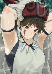 Rule 34 | 1girl, armband, armpits, arms up, black armband, black undershirt, bright pupils, brown eyes, brown hair, cloak, earrings, facepaint, fur cloak, haishima xv, highres, jewelry, looking at viewer, mononoke hime, necklace, san (mononoke hime), shirt, short hair, sleeveless, sleeveless shirt, solo, steaming body, sweat, tooth necklace, upper body, white pupils, white shirt