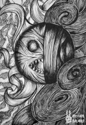 absurdres apocalypse artist_logo artist_name bad_end commentary eldritch_abomination english_commentary envandrare graphite_(medium) greyscale highres horror_(theme) kriemhild_gretchen logo mahou_shoujo_madoka_magica mahou_shoujo_madoka_magica_(anime) monochrome monster no_humans no_pupils open_mouth planet sharp_teeth teeth traditional_media witch witch_(madoka_magica)
