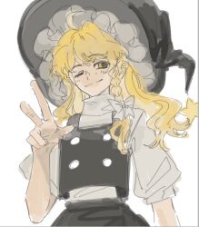 1girl ;) ahoge black_skirt black_vest blonde_hair bow braid closed_mouth frilled_hat frills hair_bow hand_up hat kirisame_marisa long_hair one_eye_closed puffy_short_sleeves puffy_sleeves shirt short_sleeves side_braid simple_background single_braid skirt smile solo touhou upper_body vest white_background white_bow white_shirt witch_hat xian_qishui