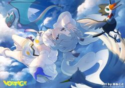 1girl blue_eyes blue_hair flying_miku_(project_voltage) gen_5_pokemon gen_6_pokemon gen_7_pokemon hanekoto hatsune_miku nintendo noivern official_art pokemon pokemon_(creature) project_voltage second-party_source swanna trumbeak vocaloid