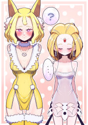 2girls :&gt; ? absurdres animal_ears arms_at_sides blonde_hair blush breasts cleavage closed_eyes covered_navel dress earrings forehead_jewel fumirumochigashin gen_1_pokemon gen_4_pokemon highres hypno jewelry legendary_pokemon medium_hair multiple_girls necklace nintendo personification pink_background pokemon polka_dot polka_dot_background purple_eyes small_breasts spoken_question_mark standing thigh_gap thighhighs uxie white_dress yellow_thighhighs