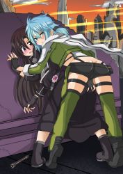 10s 1boy 1girl absurdres against_wall androgynous ass ass_grab belt bent_over black_eyes black_hair blue_eyes blue_hair blush boots butt_crack coat energy_sword fingerless_gloves from_behind gloves hetero highres kirito kirito_(sao-ggo) kurobane leaning leaning_forward long_hair looking_back open_mouth purple_eyes scarf sexually_suggestive short_hair short_shorts shorts sinon sword sword_art_online trap weapon