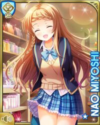 1girl blazer blue_bow blue_jacket blue_skirt bow bowtie braid brown_eyes brown_hair card character_name closed_eyes day girlfriend_(kari) hands_behind indoors jacket long_hair looking_at_viewer miyoshi_nao official_art open_mouth plaid_clothes plaid_skirt qp:flapper school_uniform shirt skirt smile solo tagme white_shirt