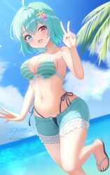 1girl beach bikini bikini_under_clothes black_sandals blue_eyes blue_hair blue_nails blue_shorts blue_sky blush breasts cleavage commentary_request fingernails flip-flops foot_out_of_frame frilled_shorts frills front-tie_top heterochromia highres hyakuya_iori kogasa_day large_breasts looking_at_viewer mismatched_bikini navel ocean open_fly open_mouth outdoors red_eyes sandals shell_hair_ornament short_hair shorts sky smile solo standing standing_on_one_leg striped_bikini striped_clothes swimsuit tatara_kogasa tatara_kogasa_(beach_umbrella_castaway) touhou touhou_lostword v