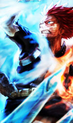 1boy arm_up belt blue_eyes blue_jumpsuit boku_no_hero_academia bright_pupils burn_scar clenched_teeth commentary_request cryokinesis fire floating_hair highres jumpsuit looking_up male_focus multicolored_hair popon_(user_eaem5325) pyrokinesis red_hair scar scar_on_face solo teeth todoroki_shoto torn_clothes two-tone_hair white_hair white_pupils