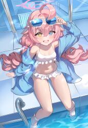 1girl absurdres adjusting_eyewear ahoge arm_up bare_legs bare_shoulders bikini blue_archive blue_eyes blue_jacket blush braid breasts collarbone crossed_bangs eyewear_on_head fang feet_in_water frilled_bikini frilled_bikini_top frills hair_between_eyes hair_bobbles hair_ornament halo hand_on_eyewear heterochromia highres hoshino_(blue_archive) hoshino_(swimsuit)_(blue_archive) huge_ahoge jacket loli long_hair long_sleeves looking_at_viewer looking_up navel off_shoulder official_alternate_costume official_alternate_hairstyle open_mouth pink_hair pink_halo pool poolside sandals sitting skin_fang small_breasts smile solo stomach swimsuit swoon_(swoonnoah) thighs twin_braids twintails very_long_hair white_bikini white_sandals yellow_eyes