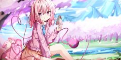 1girl :q alternate_color alternate_costume alternate_eye_color alternate_hair_color artist_request backpack bag blue_necktie blue_sky blurry blush cardigan cherry_blossoms closed_mouth day depth_of_field eyeball falling_petals game_cg heart heart_of_string highres holding holding_trowel komeiji_koishi komeiji_koishi_(blossomed_eyes_of_love) long_hair long_sleeves looking_at_viewer mountainous_horizon necktie no_headwear official_art orange_skirt outdoors petal_print petals pink_bag pink_cardigan pink_eyes pink_hair pink_petals pleated_skirt print_skirt school_uniform shirt sitting skirt sky smile solo third-party_source third_eye tongue tongue_out touhou touhou_lostword tree trowel white_shirt