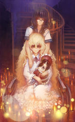 10s 2girls black_hair black_rock_shooter blonde_hair doll closed_eyes glasses highres izuriha_kagari long_hair multiple_girls rained school_swimsuit sitting stairs swimsuit takanashi_yomi wheelchair yellow_eyes yuri