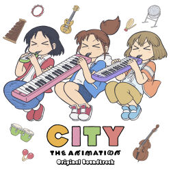 &gt;_&lt; 3girls :t absurdres ayumu_niikura black_hair blue_shoes brown_hair city_(arawi_keiichi) closed_eyes closed_mouth collared_shirt copyright_name full_body guitar highres hood hooded_jacket hoodie instrument izumi_wako jacket keyboard_(instrument) long_hair long_skirt maracas medium_hair melodica multiple_girls nagumo_midori official_art open_clothes open_jacket orange_jacket red_shoes shirt shoes short_sleeves simple_background skirt socks tambourine tokuyama_tamami v-shaped_eyebrows violin white_background white_shirt xylophone