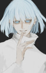 1boy black_background blue_eyes blue_hair colored_eyelashes earrings eyelashes finger_to_mouth hand_up highres jewelry jiangxhi_01 khun_aguero_agnis long_sleeves looking_at_viewer male_focus original shirt short_hair smile solo teeth tower_of_god white_hair white_shirt