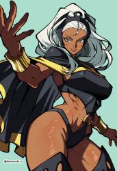 1girl absurdres animification blue_eyes breasts cape cleavage dark-skinned_female dark_skin earrings highres jewelry komatsuki_n long_hair looking_at_viewer marvel smile solo storm_(x-men) superhero_costume very_dark_skin white_hair x-men