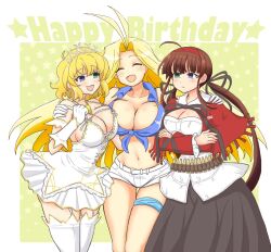 ahoge ammunition_belt antenna_hair black_ribbon black_skirt blonde_hair blue_eyes blue_shirt blunt_bangs blush breasts brown_hair cleavage closed_mouth crossed_arms dress garter_belt gloves green_eyes hair_ribbon hairband hand_on_another&#039;s_shoulder happy_birthday heterochromia highres large_breasts long_hair low_twintails medium_hair midriff parted_bangs red_hairband red_shawl ribbon ryoubi_(senran_kagura) ryouna_(senran_kagura) senran_kagura senran_kagura_new_wave senran_kagura_shinovi_versus shawl shirt short_shorts shorts skirt thigh_strap thighhighs tiara tied_shirt twintails white_dress white_gloves white_shirt white_shorts yoshimitsu_(senran_kagura) yui_(jisatsu)