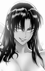 1girl absurdres arm_behind_head armpits bare_shoulders black_hair black_lagoon breasts cleavage collarbone fang greyscale grin hair_between_eyes hair_over_shoulder highres long_hair looking_at_viewer mature_female monochrome mostlybluewyatt nude revy_(black_lagoon) sexually_suggestive shoulder_tattoo sidelocks signature simple_background smile solo tattoo topless_female white_background