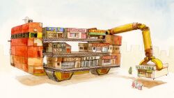 Rule 34 | clothes shop, english text, highres, mechanical arms, motor vehicle, original, restaurant, robot, satellite dish, science fiction, shop, tagme, traditional media, tsuboi hajime, vehicle focus, window