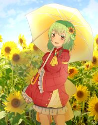 1girl :d alternate_costume ascot blue_sky cloud cloudy_sky collared_dress commentary_request cowboy_shot day dress field flat_chest flower flower_field frilled_dress frilled_sleeves frills green_hair hair_flower hair_ornament hand_up highres holding holding_umbrella kawadancho kazami_yuuka long_hair looking_at_viewer open_mouth plaid_clothes plaid_dress red_dress red_eyes sidelocks signature sky sleeves_past_wrists smile solo standing sunflower sunflower_field teeth touhou umbrella upper_teeth_only yellow_ascot yellow_umbrella