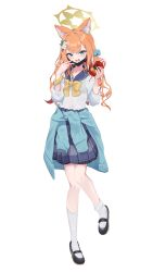 1girl absurdres alternate_costume alternate_hairstyle animal_ear_fluff animal_ear_piercing animal_ears black_shoes blue_archive blue_bow blue_eyes blue_sailor_collar blue_skirt blush bow bowtie cardigan cardigan_around_waist cat_ears clothes_around_waist commentary_request cup disposable_cup eco_mak1 extra_ears eyelashes flower food furrowed_brow gyaru hair_between_eyes hair_bow hair_flower hair_ornament halo hands_up highres holding holding_cup ice_cream kneehighs knees_together_feet_apart kogal leaf_hair_ornament long_hair long_sleeves looking_at_viewer mari_(blue_archive) mary_janes mask mask_pull mouth_mask open_mouth orange_hair plaid_clothes plaid_skirt pleated_skirt sailor_collar school_uniform serafuku shirt shoes simple_background skirt sleeves_rolled_up socks solo standing standing_on_one_leg v wavy_hair wavy_mouth white_background white_flower white_shirt white_socks yellow_bow yellow_bowtie yellow_halo