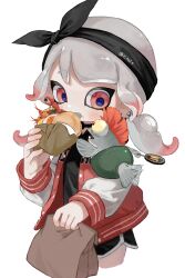 1girl absurdres bag black_bow black_hairband black_shorts bow bow_hairband commentary_request eating egg fang food gradient_hair grey_hair grey_trim hair_bow hairband highres holding holding_bag jacket letterman_jacket long_hair low_twintails multicolored_hair myon_rio nintendo octoling octoling_girl octoling_player_character open_clothes open_jacket open_mouth red_eyes red_hair red_jacket short_shorts shorts shrimp shrimp_tempura simple_background smallfry_(splatoon) solo splatoon_(series) tempura tentacle_hair twintails two-tone_hair white_background white_sleeves