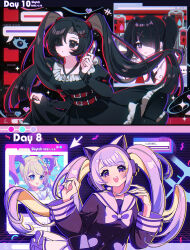 2girls :d absurdres ame-chan_(needy_girl_overdose) animal_ear_headphones animal_ears artist_name black_eyes black_hair black_shirt blonde_hair blue_bow blue_eyes blue_hair bow cat_ear_headphones chouzetsusaikawa_tenshi-chan cowboy_shot cursor eye_symbol fake_animal_ears folder hair_bow hair_ornament hair_over_one_eye hands_up headphones highres inset juliet_sleeves loading_icon long_hair long_sleeves looking_at_viewer multicolored_hair multiple_girls needy_girl_overdose open_mouth pink_hair pleated_skirt prototype_design puffy_sleeves purple_eyes purple_hair purple_sailor_collar quad_tails sailor_collar school_uniform serafuku shirt skirt skytch smile sparkle standing twintails very_long_hair x_hair_ornament