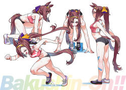 Rule 34 | 1girl, alternate costume, animal ears, arched back, ass, asymmetrical footwear, bandaid, bandaid on leg, bare legs, bare shoulders, black buruma, black shoes, bow, brown hair, buruma, closed eyes, commentary, english commentary, gold hairband, hair between eyes, hair bow, hair over one eye, hairband, horse ears, horse girl, horse tail, long hair, looking at viewer, midriff, multiple views, navel, pink eyes, ponytail, race bib, red sports bra, running, sakura bakushin o (umamusume), sarcophage, shoes, sidelocks, sleeveless, sneakers, sports bra, sportswear, squatting, starting block, sweat, sweatdrop, tail, two-tone sports bra, umamusume, white shoes, white sports bra