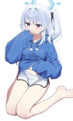 1girl absurdres blue_archive blue_halo blue_hoodie clothes_lift commentary_request covering_own_mouth drawstring grey_hair halo highres hood hood_down hoodie hoodie_lift korean_commentary lifting_own_clothes long_hair looking_at_viewer miyako_(blue_archive) purple_eyes shorts simple_background sitting sleeves_past_wrists solo syhan white_background white_shorts