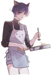 1boy alternate_costume anger_vein animal_ears apron black_shirt cat_boy cat_ears cooking cowboy_shot frying_pan genshin_impact highres iron_hailai looking_at_viewer male_focus purple_eyes purple_hair scaramouche_(genshin_impact) shirt shorts solo spoon white_background