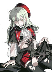 2girls absurdres ascot bang_dream! bang_dream!_it&#039;s_mygo!!!!! bite_mark_on_stomach black_capelet black_gloves black_thighhighs blush capelet chinese_commentary clothes_lift commentary_request ear_blush gloves green_brooch green_hair hand_on_another&#039;s_thigh hat highres long_hair mortis_(bang_dream!) mortis_(costume)_(bang_dream!) multiple_girls oblivionis_(bang_dream!) parted_lips red_hat red_shorts see-through_clothes see-through_sleeves shirt shorts simple_background sitting skirt skirt_lift tears thighhighs togawa_sakiko tokinhr torn_clothes torn_thighhighs wakaba_mutsumi white_ascot white_background white_shirt yellow_eyes yuri