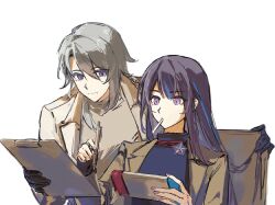 Rule 34 | 1boy, 1girl, alternate costume, black gloves, black shirt, blue hair, blue pupils, blunt bangs, brown jacket, brown shirt, business suit, candy, chair, chinese commentary, clipboard, closed mouth, collared jacket, couple, food, formal clothes, genshin impact, gloves, hair between eyes, highres, holding, holding clipboard, holding pen, jacket, kamisato ayato, leaning forward, light smile, lollipop, lollipop in mouth, long sleeves, looking down, looking to the side, mole, mole under eye, mole under mouth, multicolored eyes, multicolored hair, nintendo switch, on chair, pen, purple eyes, purple hair, raiden shogun, shade, shirt, simple background, sitting, standing, streaked hair, suit, suit jacket, upper body, white background, zai aoye wo shi gou