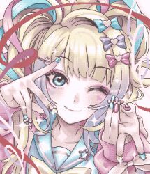1girl ;) blonde_hair blue_bow blue_eyes blue_hair blue_nails blue_shirt bow chouzetsusaikawa_tenshi-chan closed_mouth commentary_request eencya eyeshadow facial_mark fingernails gyaru_v hair_bow hair_ornament hairclip hands_up heart_sticker jacket long_fingernails long_hair long_sleeves looking_at_viewer makeup multicolored_hair nail_art nail_polish needy_girl_overdose official_alternate_hairstyle official_art one_eye_closed pien_cat_(needy_girl_overdose) pink_bow pink_eyeshadow pink_hair pink_jacket pink_nails pixel_art portrait purple_bow sailor_collar second-party_source shirt smile solo star_(symbol) v