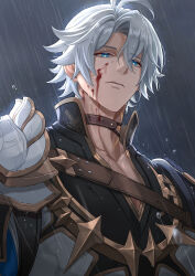 1boy absurdres antenna_hair armor black_choker black_shirt blood blood_on_face blood_splatter blue_eyes choker coat commentary debbie_(debbielu9972) highres honkai:_star_rail honkai_(series) looking_at_viewer looking_down male_focus pauldrons phainon_(honkai:_star_rail) rain shirt short_hair shoulder_armor single_pauldron solo sun_symbol sun_tattoo tan toned toned_male upper_body white_coat white_hair
