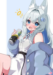 1girl absurdres ahoge animal_ear_fluff animal_ears bare_shoulders belt blue_cardigan blue_eyes blue_hair blush can cardigan dress drink_can drunk fox_ears fox_girl grey_hair hair_ornament highres holding holding_can jacket lime_(vrchat) long_hair looking_at_viewer off_shoulder open_cardigan open_clothes open_mouth ribbon sleeveless sleeveless_dress solo squeans tears thigh_strap user_puge5385 vrchat white_dress white_hair