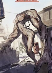 1girl absurdres black_blood blood cryptid eyebot fallout fallout_76 fingernails flesh gameplay_mechanics grafton_monster hashtag-only_commentary headless highres juerucj monster_girl muscular muscular_female nipples outdoors protectron robot torn_clothes veins veiny_arms
