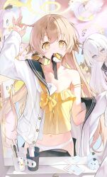 Rule 34 | 2girls, arm up, azusa (blue archive), black sailor collar, blonde hair, blue archive, bow, bowtie, camisole, collarbone, commentary, cup, hair flaps, hair ornament, halo, hifumi (blue archive), highres, holding, holding own hair, koka (rikku-file), looking at mirror, looking at viewer, low twintails, mirror, mouth hold, multiple girls, open clothes, open shirt, panties, peeking out, peroro (blue archive), purple eyes, sailor collar, shirt, single bare shoulder, single off shoulder, strap slip, toothbrush, toothpaste, twintails, underwear, undone bowtie, upper body, white bag, white hair, white panties, white shirt, wing hair ornament, winged halo, yellow bow, yellow bowtie, yellow camisole, yellow eyes, yellow halo