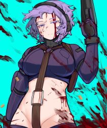 1girl arm_pouch armor beyond_citadel blood blood_on_body blood_on_clothes blood_on_face blood_splatter breasts collar cross_swimsuit crotch_strap gloves grey_collar gun holding holding_gun holding_weapon holster kelbhin large_breasts long_sleeves martyr_(the_citadel) navel purple_eyes purple_gloves purple_hair purple_thighhighs revealing_clothes short_hair shoulder_holster sleeve_pouch solo swimsuit the_citadel thighhighs weapon