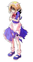 1girl apron bare_arms blonde_hair blue_dress blue_shoes bobby_socks bow bowtie closed_mouth commentary_request dairi dress frilled_dress frills full_body highres large_variant_set maid maid_headdress mary_janes mugetsu_(touhou) red_bow red_bowtie shaded_face shoes short_sleeves socks solo standing sweatdrop torn_clothes torn_dress touhou touhou_(pc-98) transparent_background variant_set waist_apron white_apron white_socks yellow_eyes