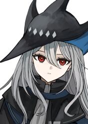 Rule 34 | 1girl, arknights, black hat, blue hat, closed mouth, commentary request, grey hair, hair between eyes, hat, highres, long hair, looking at viewer, portrait, red eyes, simple background, skadi (arknights), solo, two-sided fabric, two-sided headwear, udo (akn otk), unamused, white background