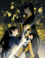 2boys alyruko artist_name belt bishounen black_eyes black_hair black_hanfu black_robe blue_eyes blue_hairband blue_hanfu blue_robe bracer chinese_clothes chu_wanning claws erha_he_tadebai_mao_shizun flower gauntlets hairband hand_on_another&#039;s_arm hand_on_another&#039;s_stomach hanfu high_ponytail jian_(weapon) kneeling long_hair long_sleeves looking_at_another male_focus mo_ran multiple_boys outdoors ponytail robe steam sword weapon wuxia yaoi yellow_belt yellow_flower yellow_trim