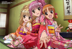 3girls :d absurdres holding_hands highres hinamori_amu japanese_clothes kimono mashiro_rima megami_magazine multiple_girls official_art open_mouth sai_fumihide scan shugo_chara! smile tabi yuiki_yaya