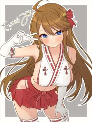 1girl 82k_mugi absurdres bare_shoulders bell bikini blue_eyes blush border bow breasts brown_hair cleavage closed_mouth concept_maihime_(idolmaster) cowboy_shot dot_nose elbow_gloves eyelashes frilled_gloves frilled_shirt frilled_skirt frills gloves grey_background hair_bell hair_ornament hair_over_shoulder hair_ribbon halter_shirt halterneck hand_on_own_thigh highres hip_vent idolmaster idolmaster_million_live! idolmaster_million_live!_theater_days jingle_bell large_breasts leaning_forward long_hair looking_at_viewer midriff miniskirt navel nontraditional_miko official_alternate_costume outside_border parted_bangs pleated_skirt red_bikini red_ribbon red_skirt ribbon ribbon-trimmed_gloves ribbon-trimmed_shirt ribbon-trimmed_thighhighs ribbon_trim shirt sideboob sidelocks signature skirt sleeveless sleeveless_shirt smile solo swept_bangs swimsuit thighhighs tokoro_megumi v waist_bow white_border white_gloves white_thighhighs